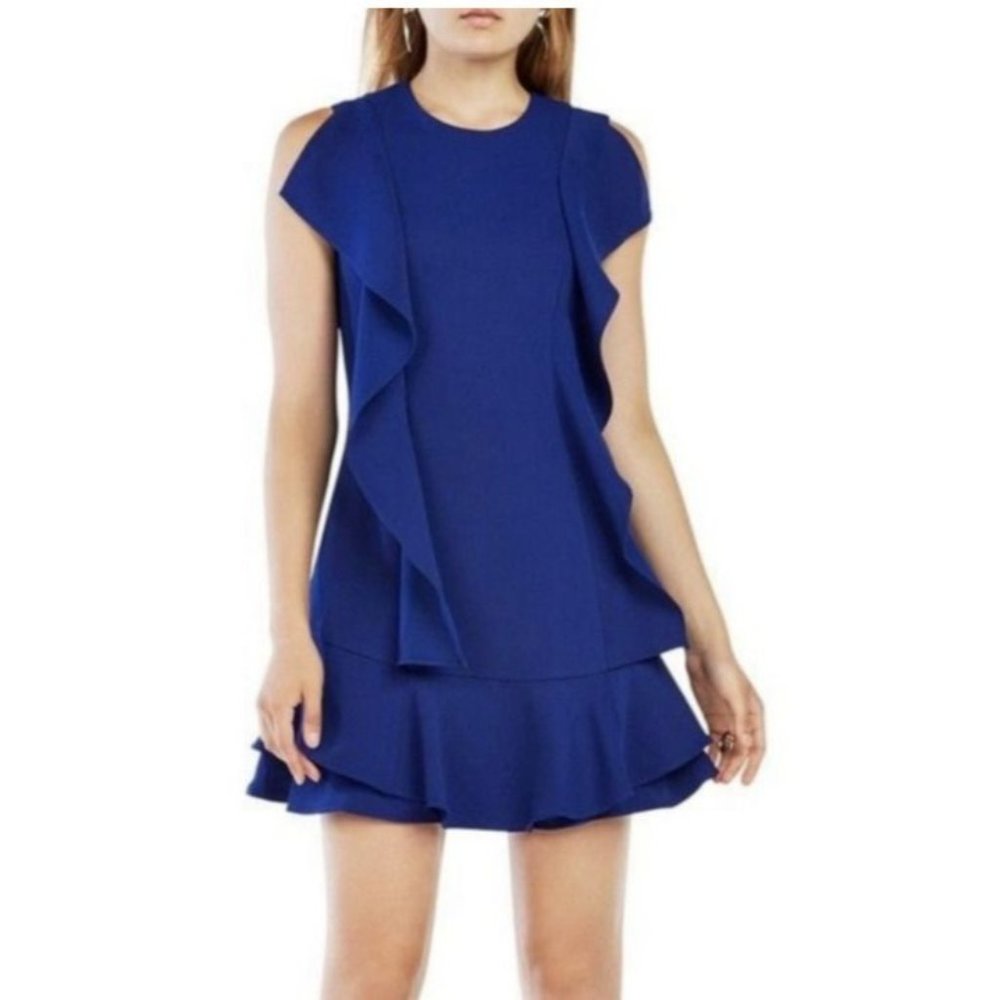 BCBGMaxAzria AnneMarie Dress M Medium Blue Short Sleeve Shift Washable Ruffled